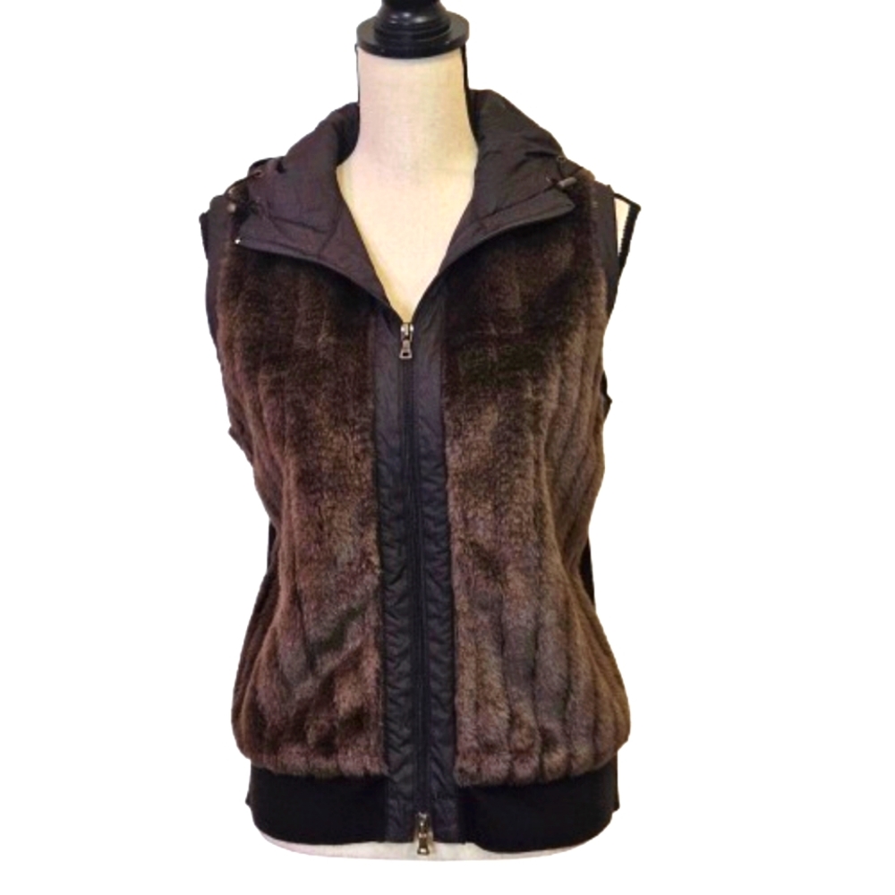 VOTRE NOM Collection Brown Faux Fur Front Zip Hooded Vest,Vintage,Large